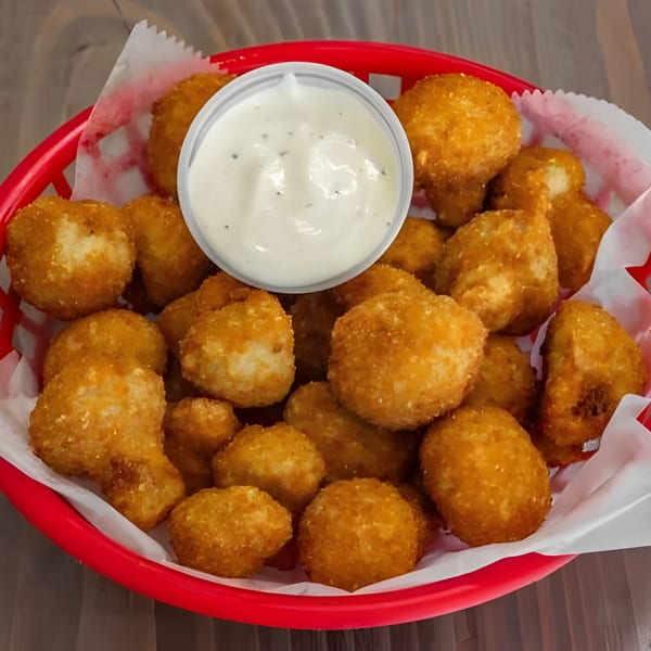 A red basket filled with golden-brown fried mushrooms and a small cup of ranch dipping sauce.