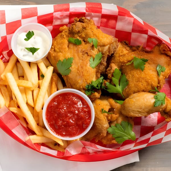 Crispy fried chicken pieces with french fries, ketchup, and white dipping sauce in a red checkered basket.
